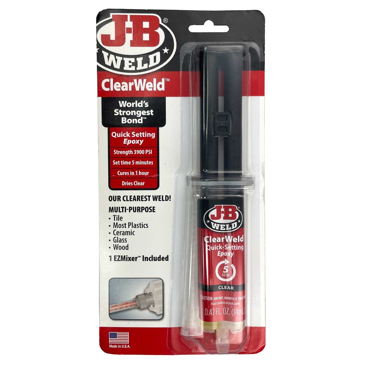 JB Weld ClearWeld Quick-Setting Epoxy in a transparent plastic packaging with red and black design, visible dosing device and inscription "World's Strongest Bond" and other product information