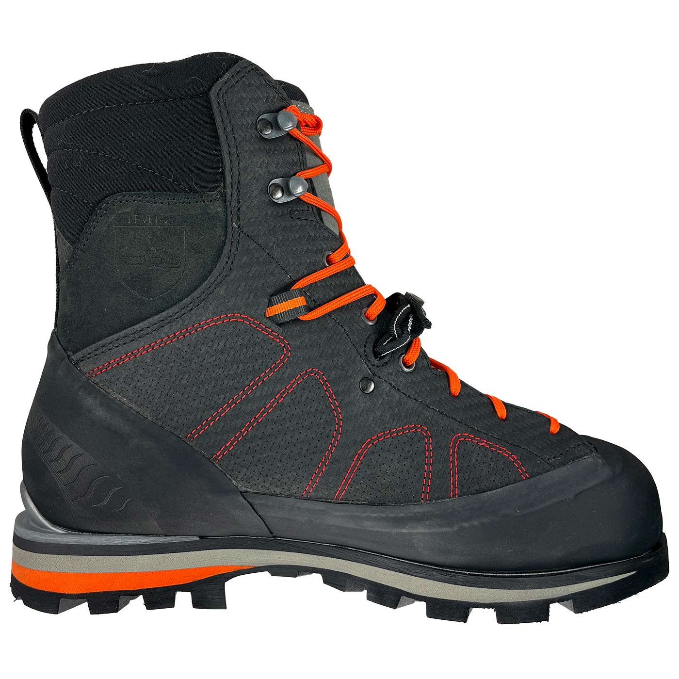 Evo Safety shoe in black material with orange laces, red stitching and grey sole edge, manufacturer's name not visible