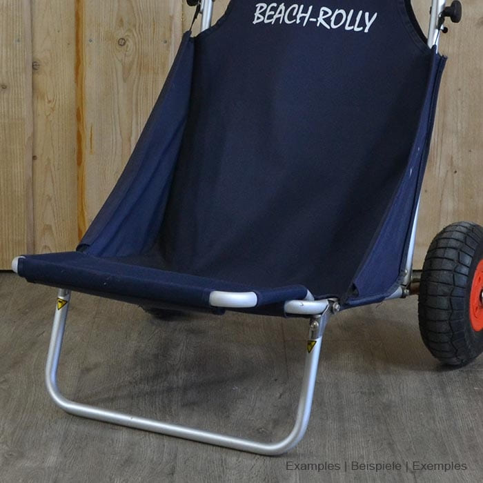 Beach Rolly Loading Bar with Dark Blue Fabric on a Beach Wheelchair, Close-up of the Loading Bar and Metal Frame