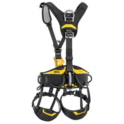 Astro Bod Fast climbing harness by Petzl in black with yellow accents and padded leg and hip loops, back seen