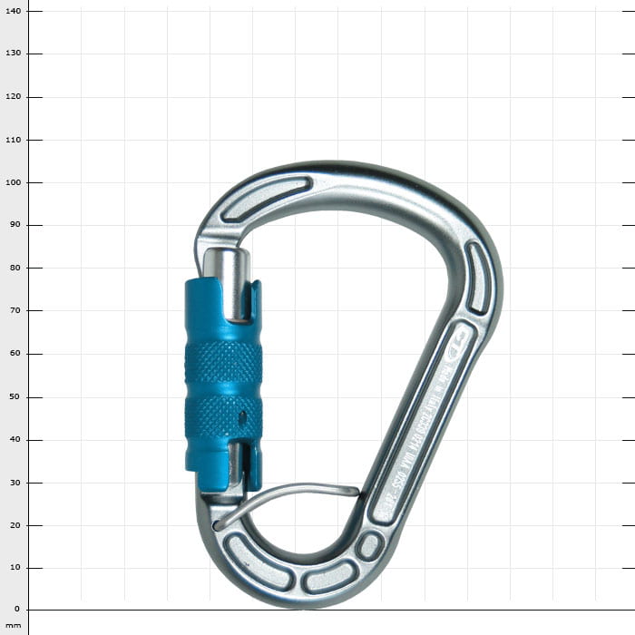 Cevedale Triplex carabiner in silver with blue screw cap, closed