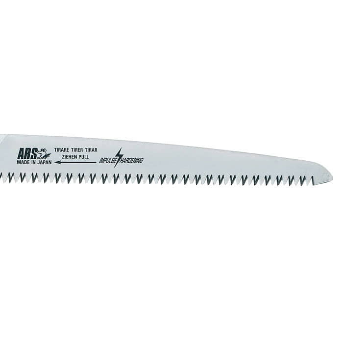 ARS Cam-24 Pro saw blade, saw blade with serrated teeth and the inscription "Made in Japan", "Tirare Tirer Tirar Pull Pull" and "Impulse Hardening" on silver metal