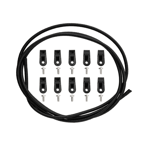 Tendon black rope with ten black brackets and ten screws on white background