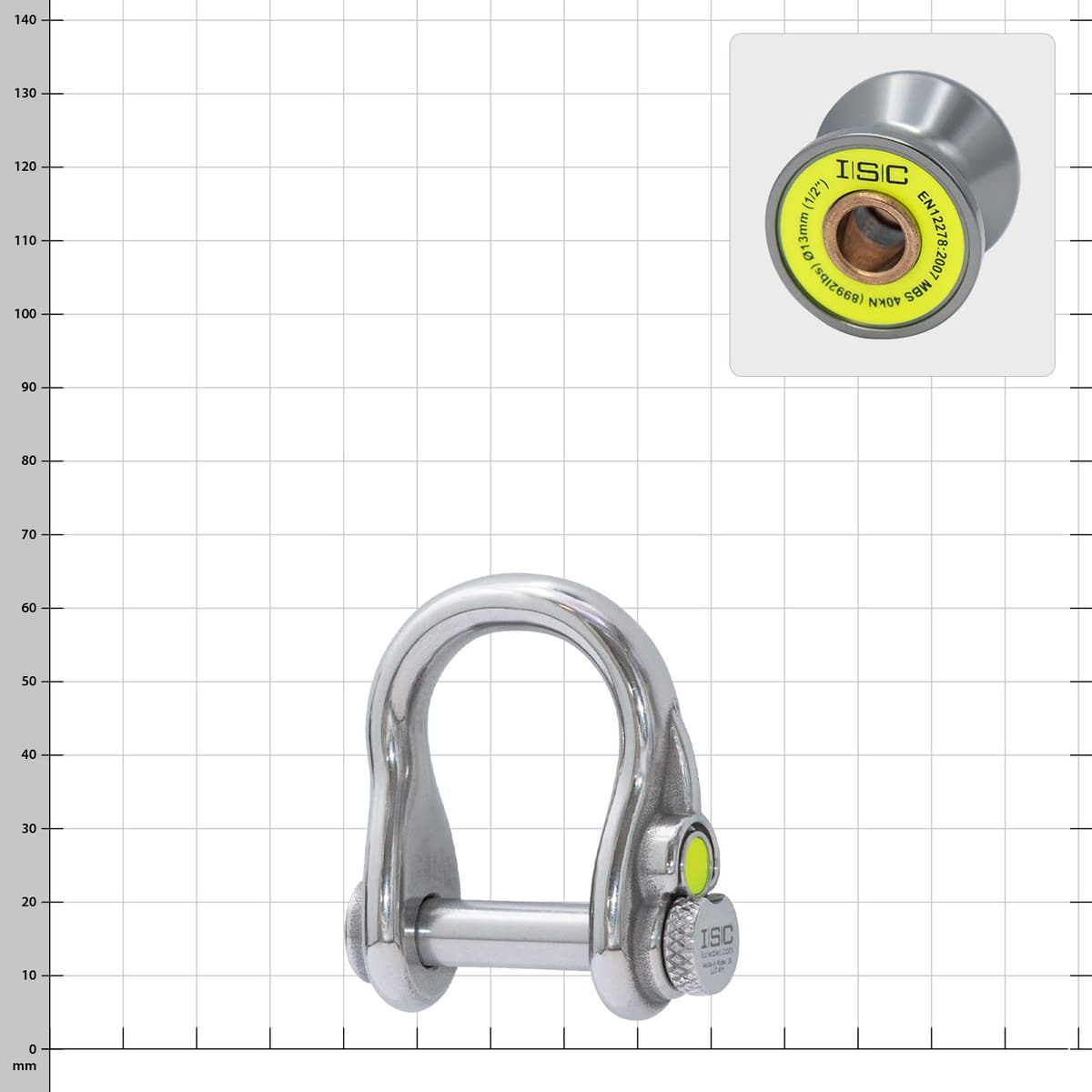 Ultra Link Small by ISC, a silver shackle with a round bolt and a yellow button on the clasp