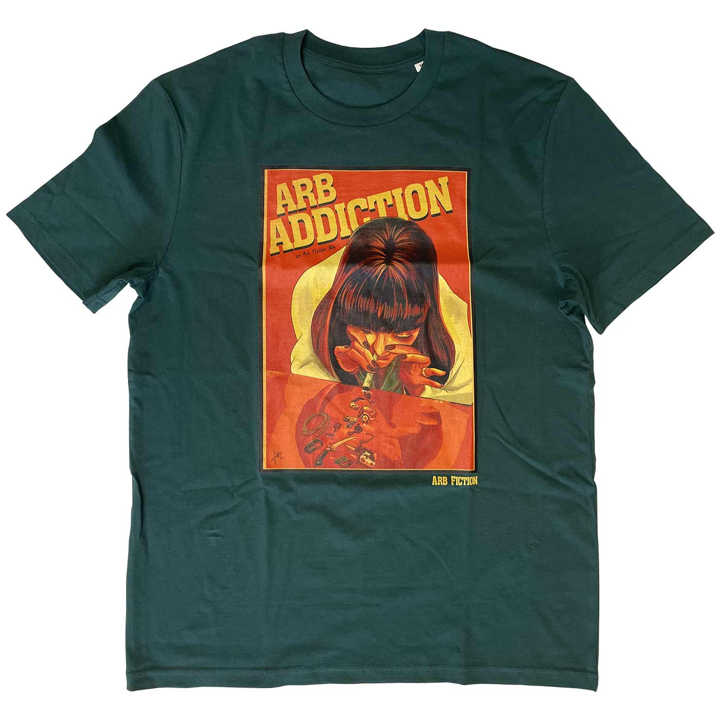 Arb Addiction T-shirt in dark green with large, coloured front print of a woman and the text "ARB ADDICTION"