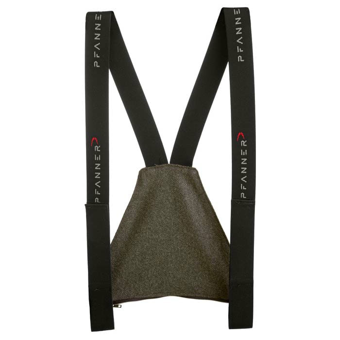 Loden bib with black elastic suspenders on which the lettering "Pfanner" is written