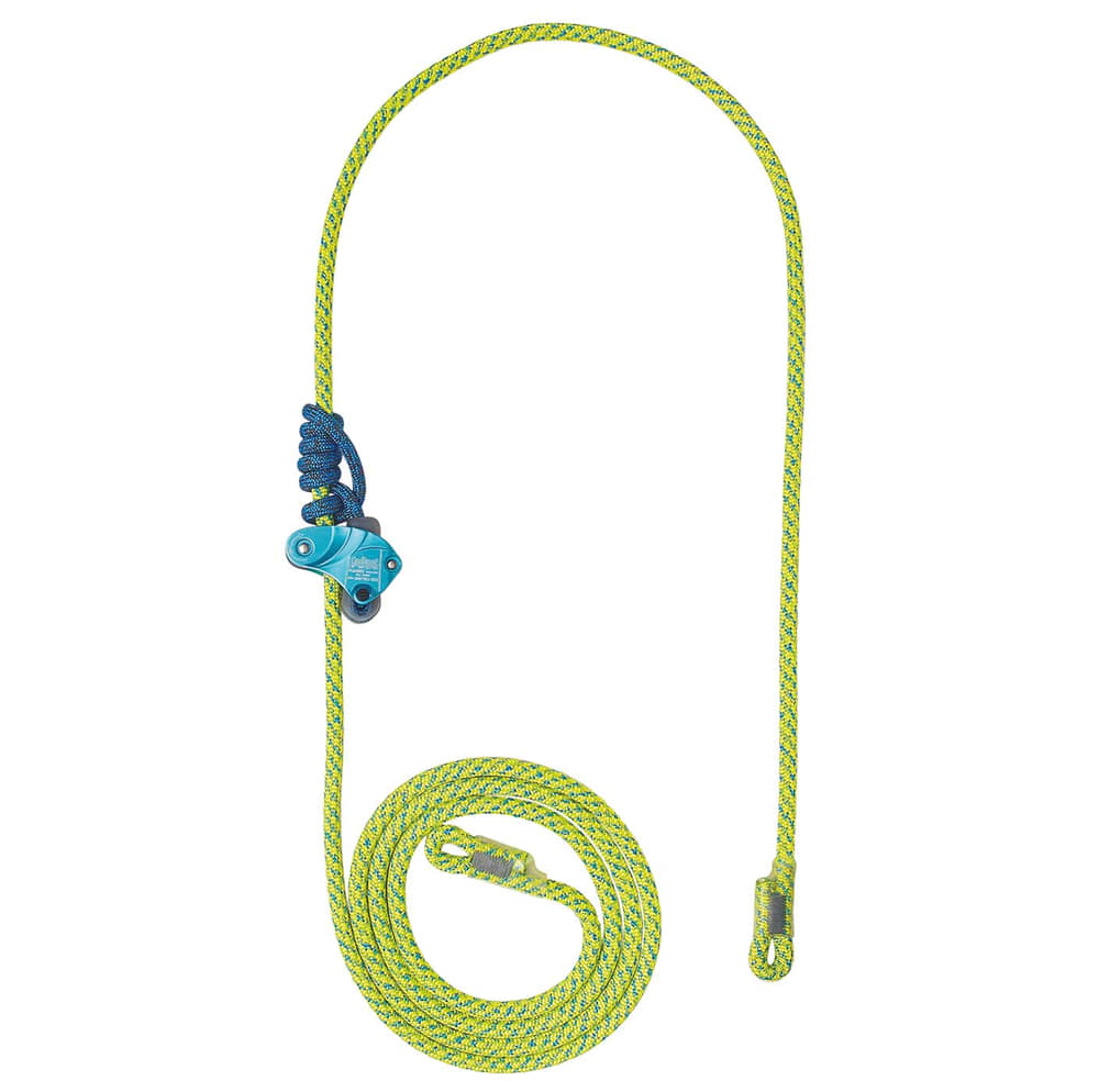 Flexbee rope with blue and yellow climbing rope and blue belay device, rolled up on white background