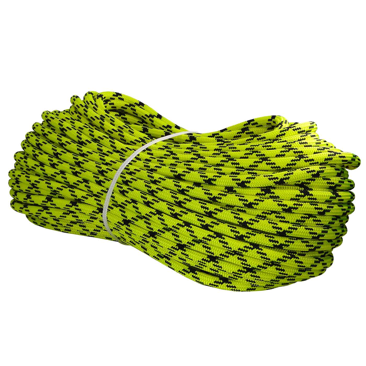 Safe Plus rope in yellow with black patterns, rolled up and fixed with a white ribbon