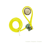 yellow rope with green knots and piece of wood on white background