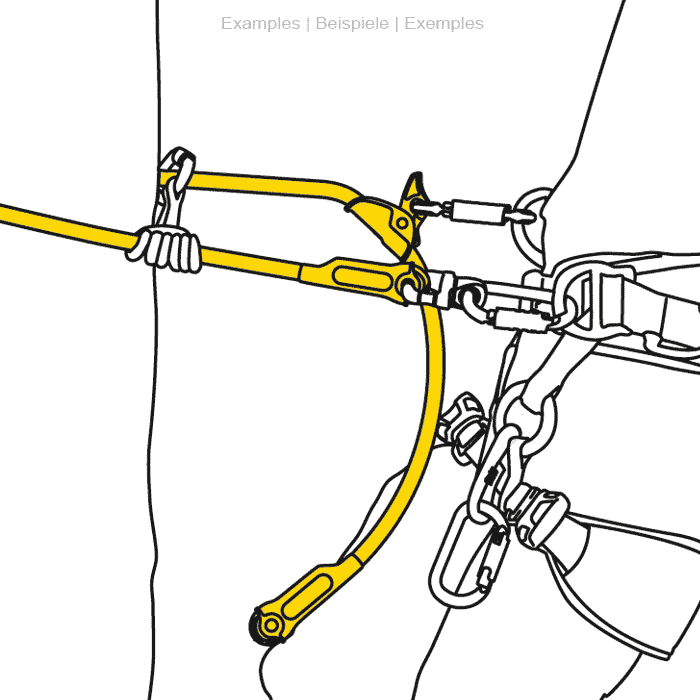 Drawing with yellow Microflip rope on climbing harness and rock face, manufacturer Petzl