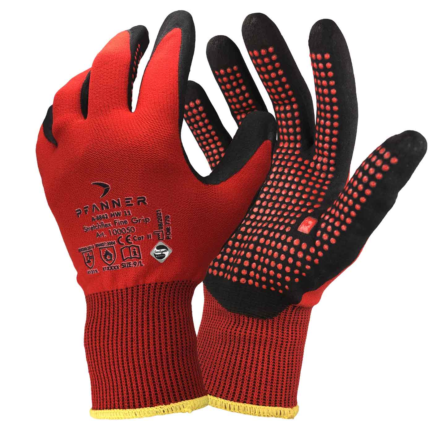 StretchFlex® Fine Grip work gloves by Pfanner, red with black palms and red nubs, with yellow waistband