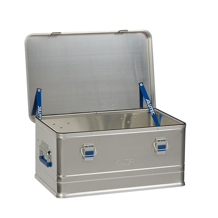 Alubox Comfort 48, closed silver aluminium box with blue handles and closures