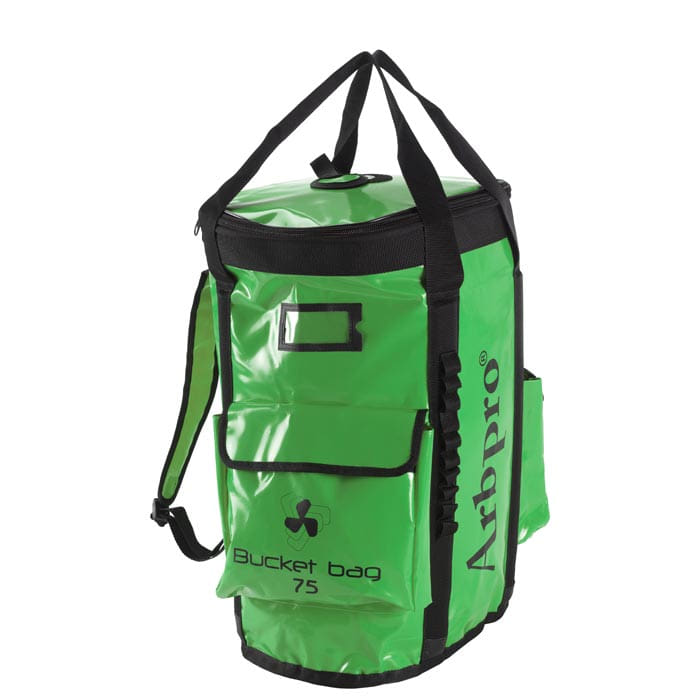 Bucket Backpack 75 by Arbpro in green with black edge, carrying handles, shoulder straps and front pocket with flap