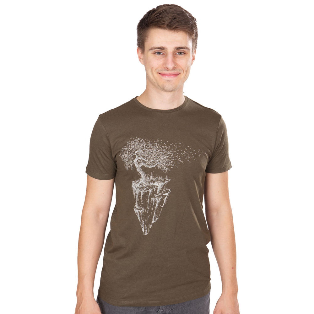 Iceland T-shirt in olive green worn by a young man with short hair