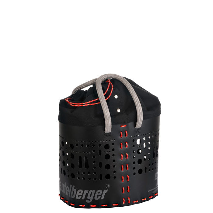 Seilberger kitBAG 25, black cylindrical container with grey handles, red stitching and black cloth bag on top