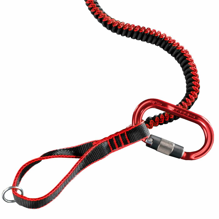 antiSHOCK Tool Lanyard Plus by Teufelberger, red snap hook with black and red ribbon with loop and metal ring