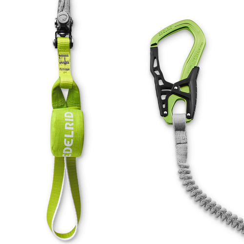 Close-up of green textile ribbon with EDELRID logo and a green and black carabiner with gray elastic rope