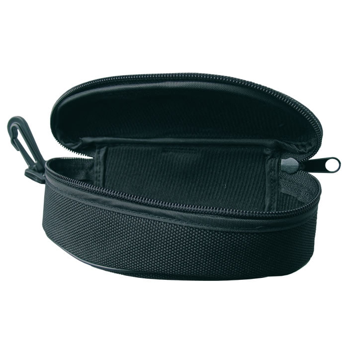 Glasses case Peltor, open black semi-circular case with zipper and snap hook, inner lining visible
