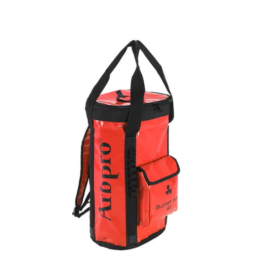 Red Bucket Backpack 40 by Airpro with black zipper, carrying handles and front pocket with flap