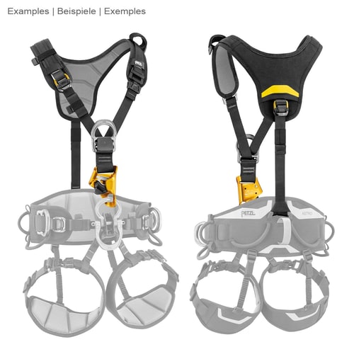 Top Croll by Petzl, front and rear view of the black chest ascender harness with gray mesh fabric and yellow ascender, with gray semi-transparent harness silhouettes in the background