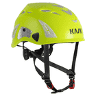 KASK Super Plasma PL Hi-Viz helmet in bright yellow with black fastening straps and reflective silver elements