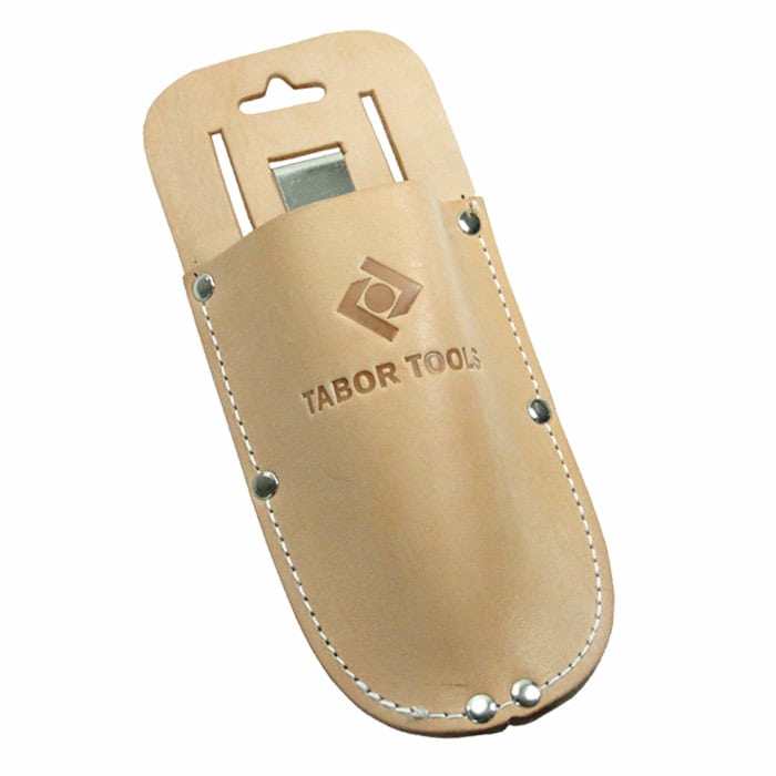 Tabor tool belt made of light brown leather with white stitching and metal rivets, embossed with the lettering "TABOR TOOLS" and a logo