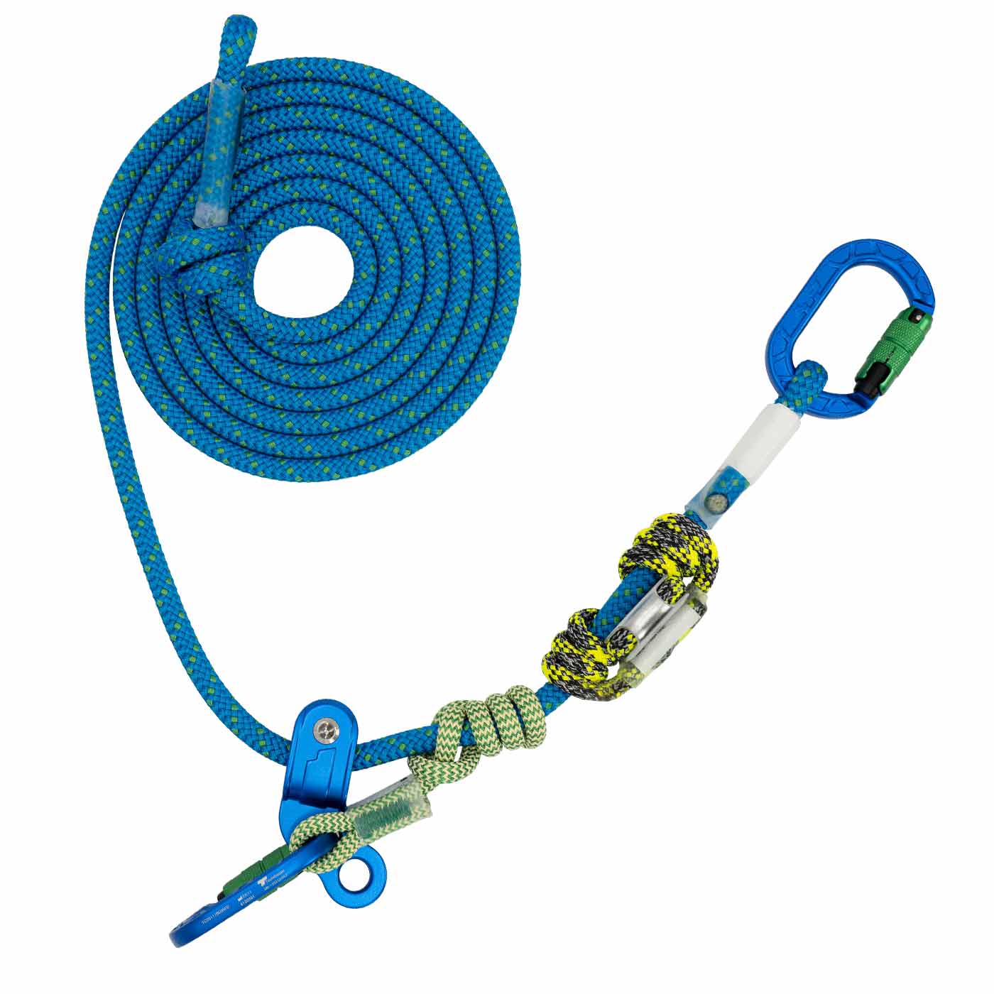 hipSTAR Glide 11.5 blue rope coiled with two blue carabiners and metal eyelet, wrapped with green-yellow rope