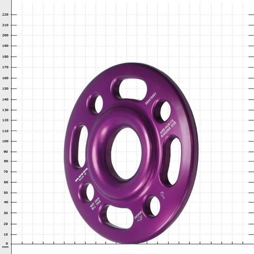Rigging Hub 175, purple round disc with several holes and inscriptions, photographed at a slight angle on a white background