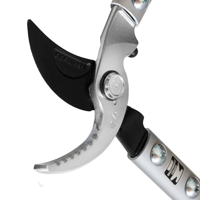 Close-up of the black and silver blade of the Berger 4210 secateurs with engraving "Germany"