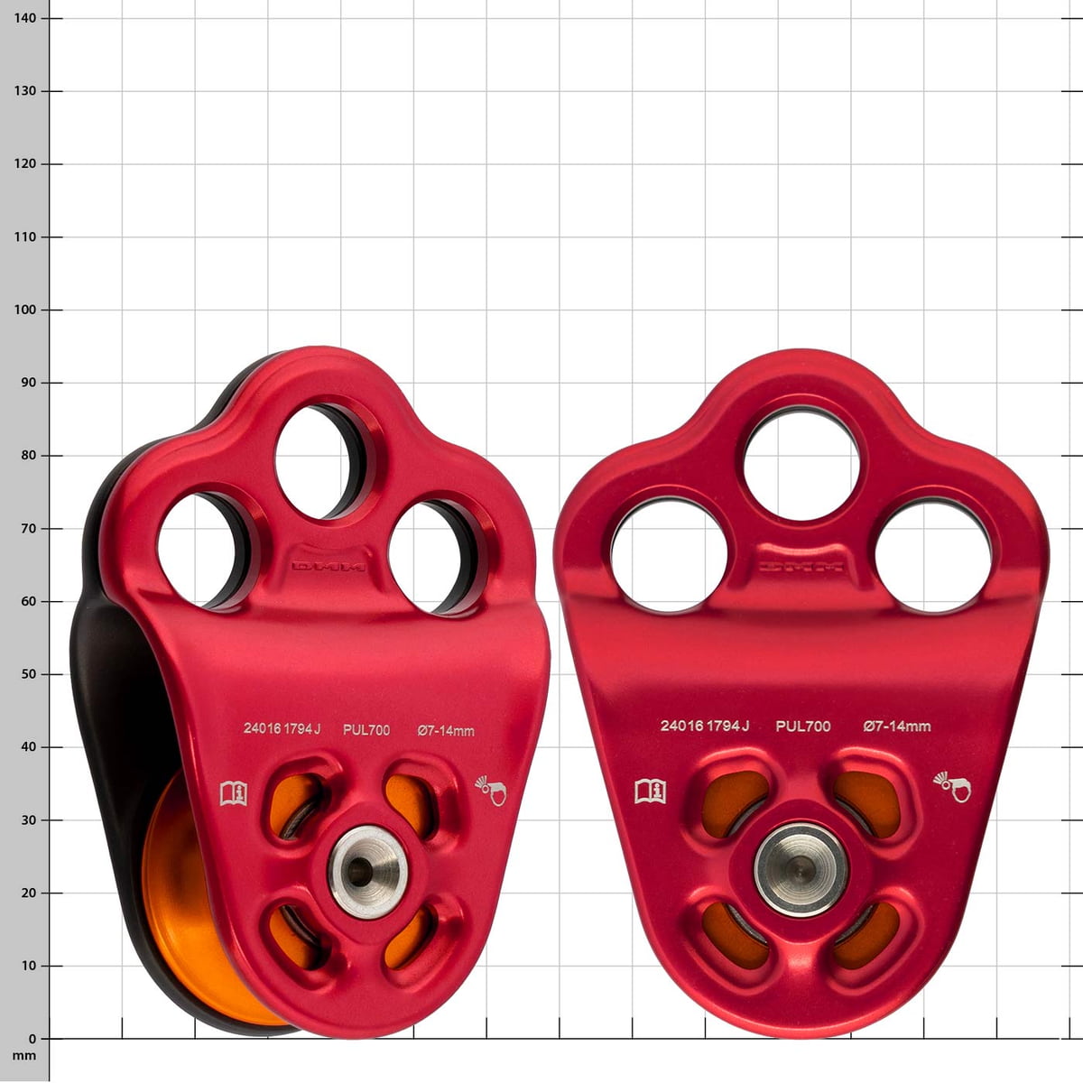 Two Hitch Climber 2 pulleys with red casing and orange pulley, one showing the front, the other the back, against a white background with grid lines