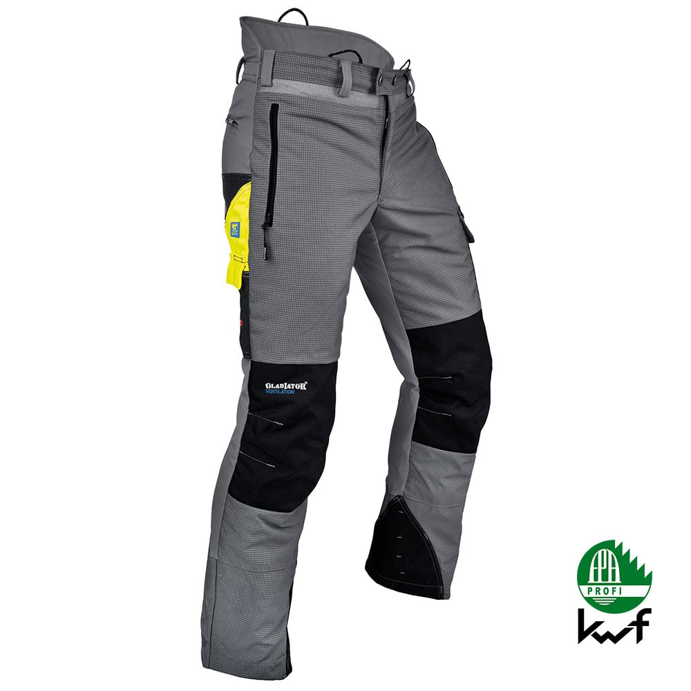Ventilation Cut-resistant trousers in grey with black and yellow details, side zip pockets and loops at the waistband