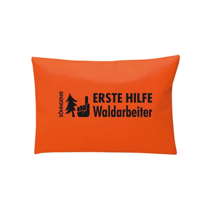 Forest and Tree First Aid Kit, Orange Rectangular Bag with Black Print "SÖHNGEN FIRST AID Forest Worker" and symbols of a tree and a hand