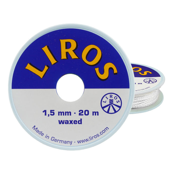 Rigging yarn Wax 1.5 by Liros, white waxed cord on a round spool with blue and white lettering, diameter 1.5 mm, length 20 m, Made in Germany