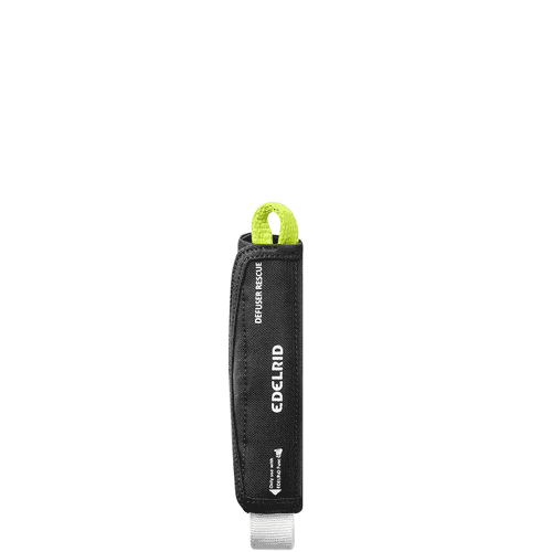 Defuser Rescue, black protective cover with white lettering "EDELRID" and "DEFUSER RESCUE", yellow-green loop at the top, manufacturer Edelrid