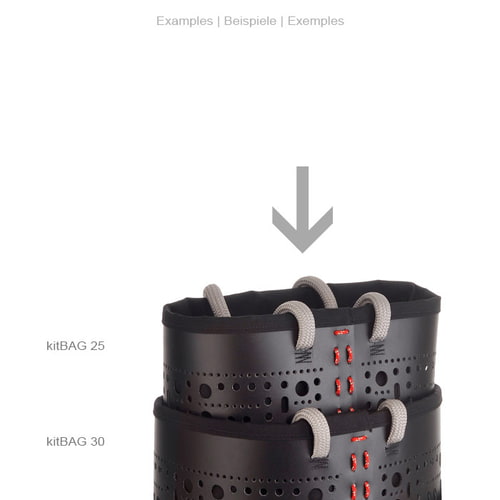 two black bags stacked on top of each other, kitBAG 25 at the top, kitBAG 30 at the bottom, each with grey handles and red stitching, manufacturer Petzl