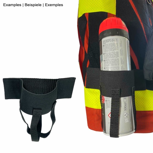 My Gear Vest Basic Set with Black Elastic Tether with Loops, attached to a high-visibility vest with a spray can