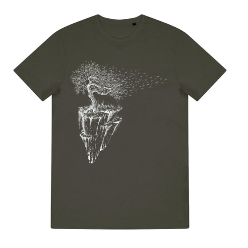 Iceland T-shirt in olive green with white print of a tree on a floating rocky island