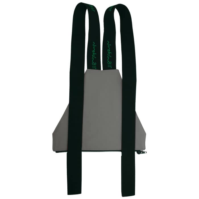 Zip bib in grey with black straps, manufacturer's name on the straps in green