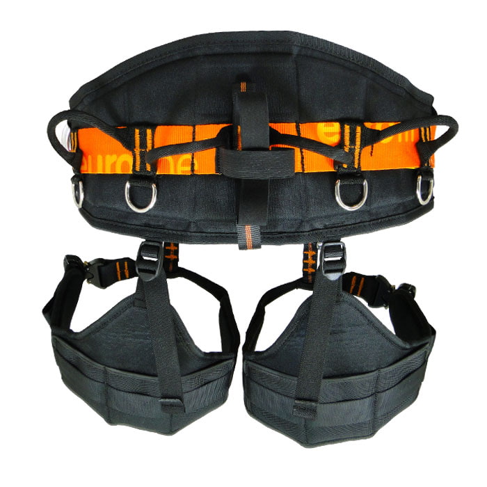 Climbing harness Tree Austria 3.2 from the back with black and orange webbing, several metal rings and padded leg and hip loops