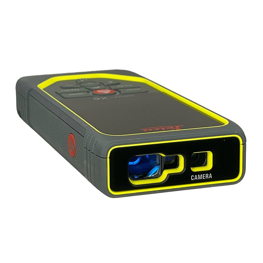 Leica Disto X6 laser rangefinder from above with visible camera and laser aperture, grey housing with yellow border, manufacturer Leica Geosystems