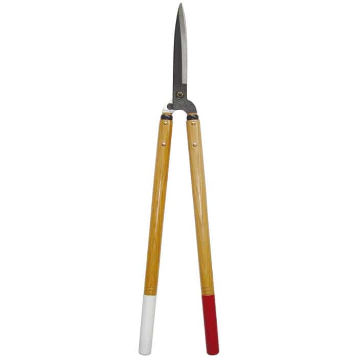 Okatsune hedge trimmer 78 with long wooden handles, one handle red and the other white, and a long, narrow blade
