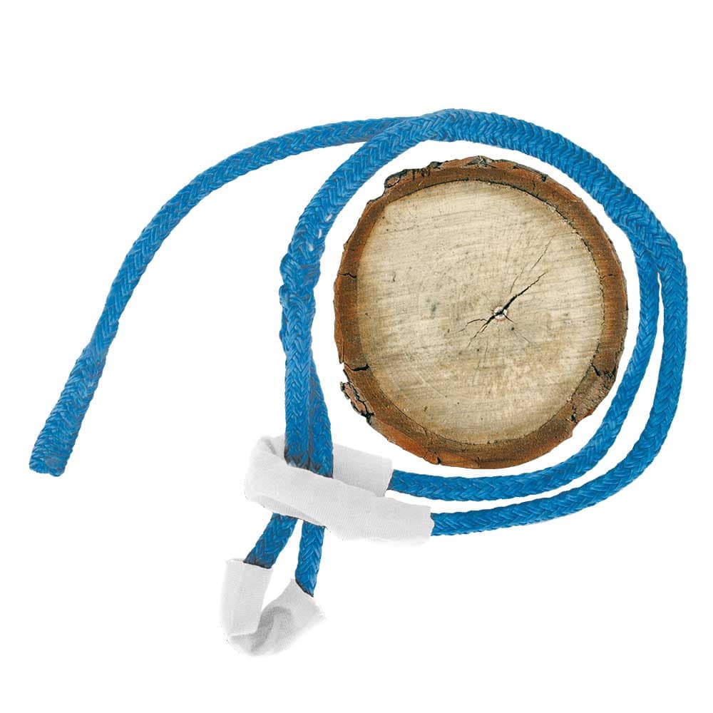 Whoopie Sling 14, blue rope with white loops wrapped around a log