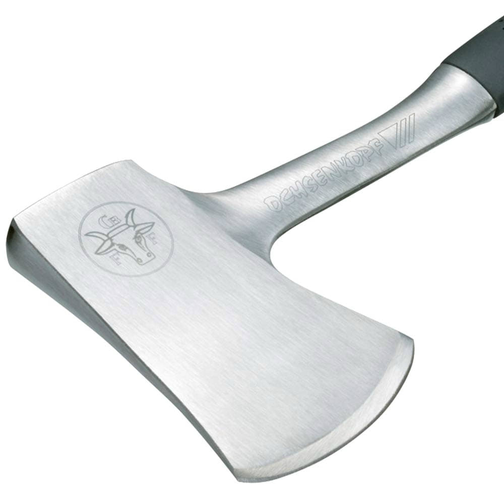Close-up of the silver blade and handle of the all-steel axe 350 with engraved Ochsenkopf logo and the inscription "OCHSENKOPF"