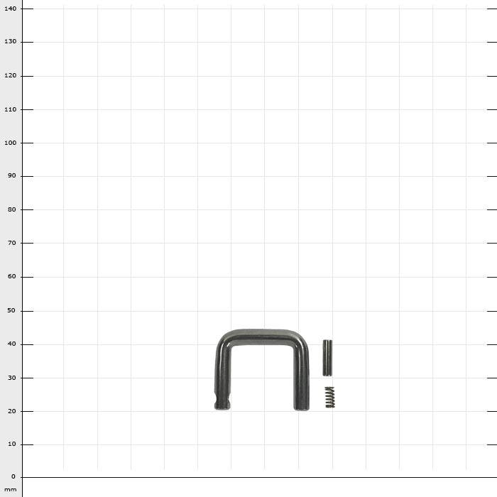 RopeGuide TwinLine release handle, metal bracket with two small metal parts on a checkered background