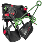 Side view of the treeMOTION Essential X tree climbing harness by Teufelberger in black with green metal rings and green ropes