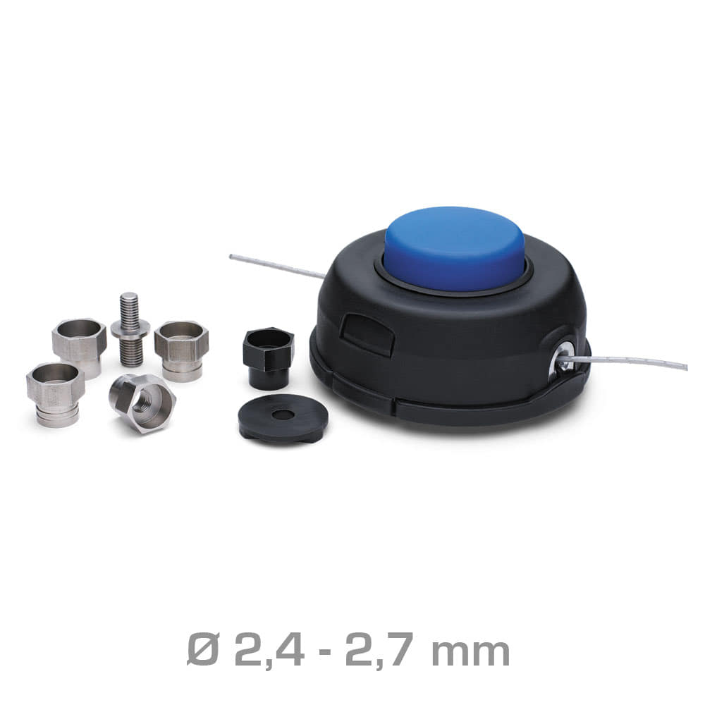 T35 Universal Line Bobbin with black housing and blue button, plus seven different metal and plastic parts in different shapes and sizes, thread Ø 2.4 - 2.7 mm