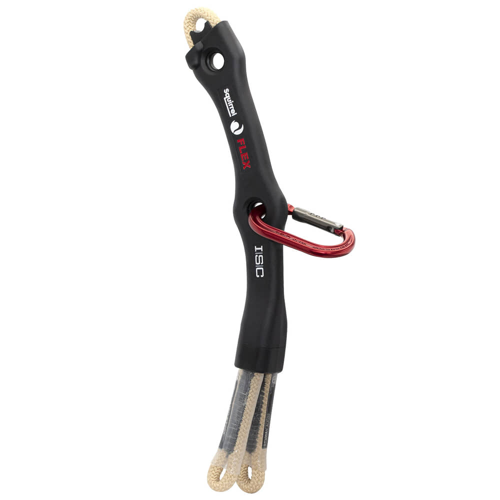 Squirrel Flex Tether from ISIC, black flexible connector with beige loops at both ends, red snap hook attached and two round holes