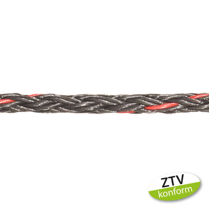 boa 2 t hollow rope, close-up of a braided black rope with red fibers, lower right a green and white label with the inscription "ZTV compliant"