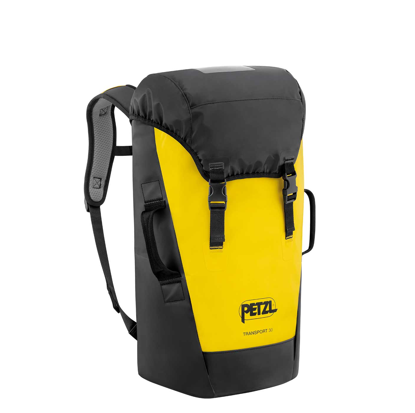 Petzl Transport 30 backpack in black and yellow with two buckles on the front and side handles