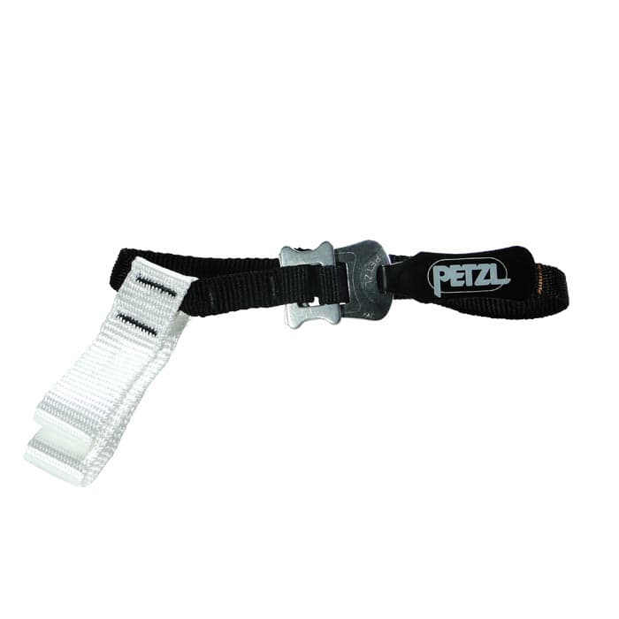Pantin Strap R by Petzl, a black and white strap with a metal eyelet and a black plastic part with the white Petzl logo